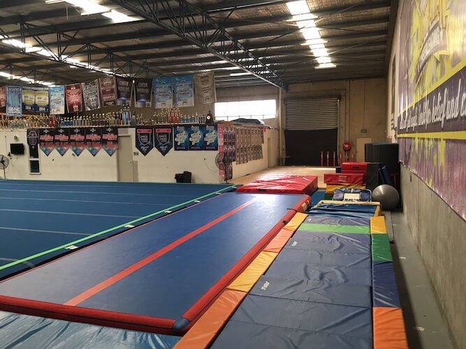 Our tumble area, with air track and trampoline